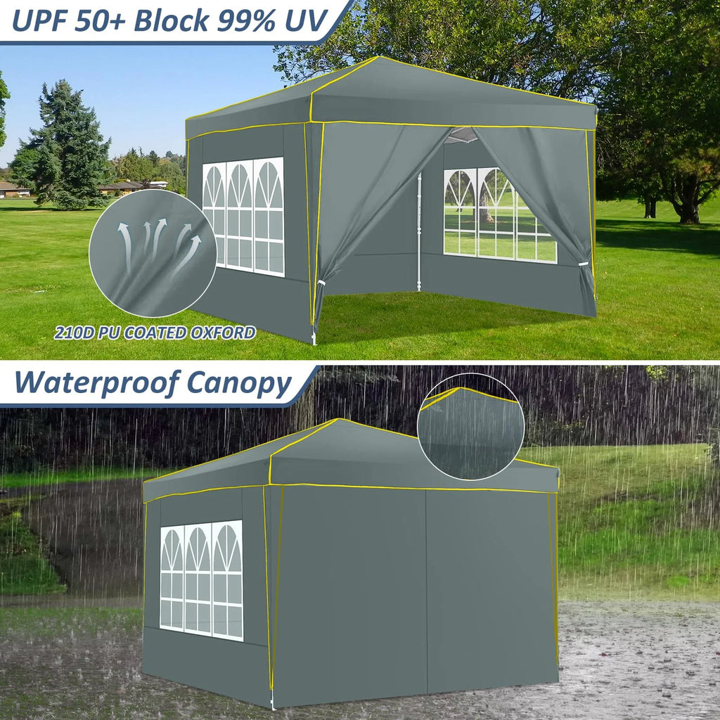 HOTEEL Chapiteau pop-up 10x10 avec murs latéraux, Tente imperméable pour fêtes et événements de mariage, Gazébo d'extérieur instantané avec sac de transport, piquets, cordes et sacs de sable, Noir