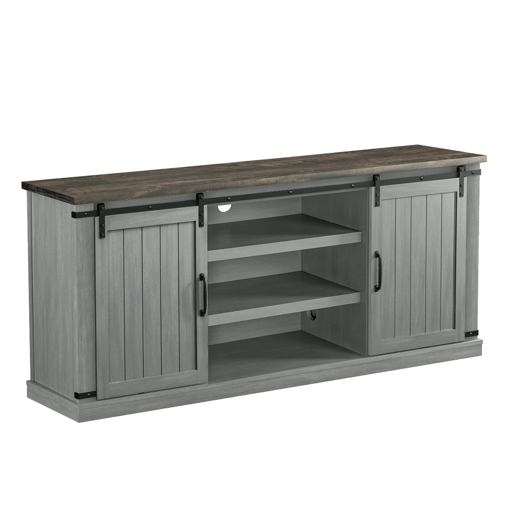 Meuble TV rustique FESTIVO pour téléviseur 75 pouces, centre de divertissement, meuble TV avec porte de grange coulissante, console TV de 68 pouces, meuble multimédia de salon avec étagère réglable - Blanc cassé