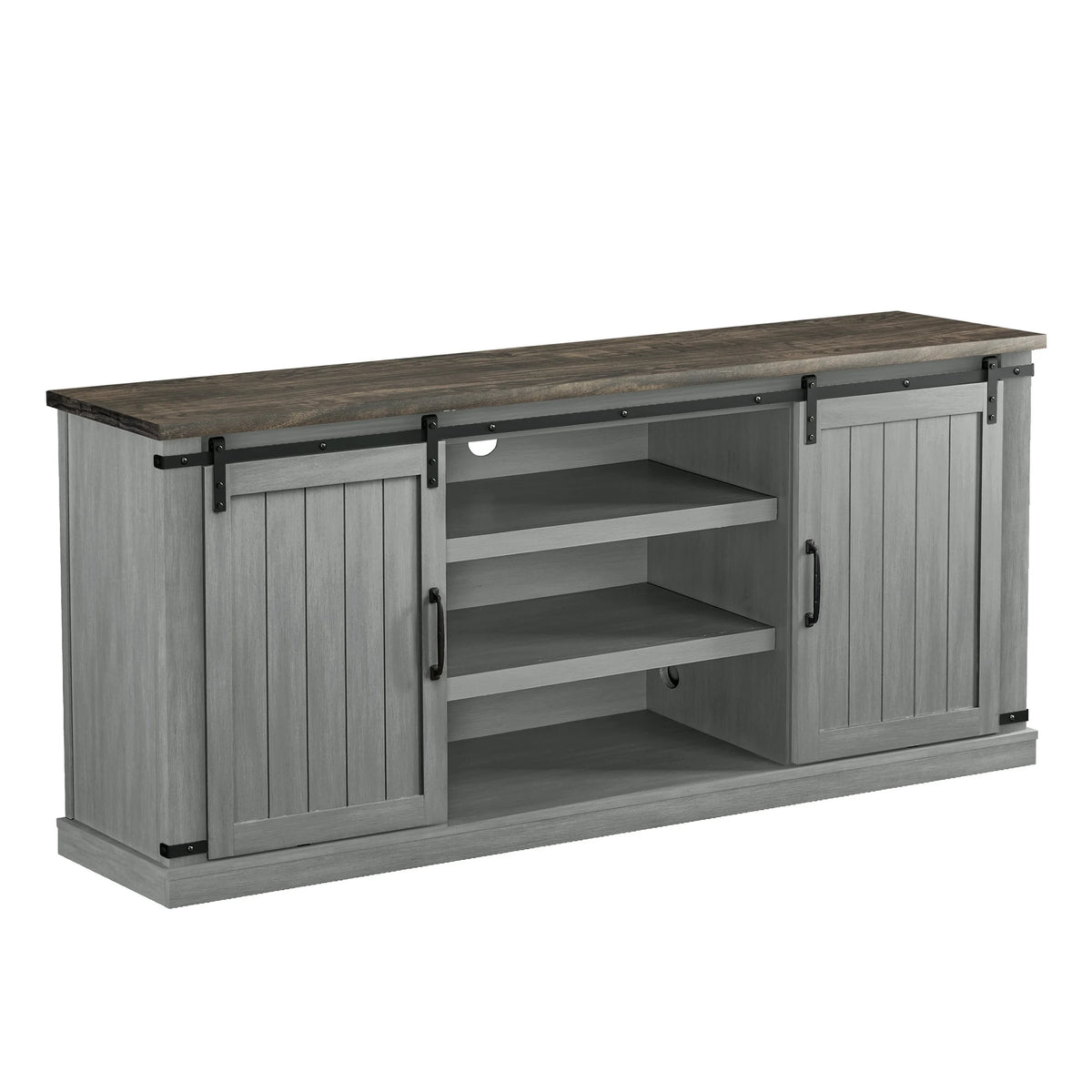 Meuble TV rustique FESTIVO pour téléviseur 75 pouces, centre de divertissement, meuble TV avec porte de grange coulissante, console TV de 68 pouces, meuble multimédia de salon avec étagère réglable - Blanc cassé