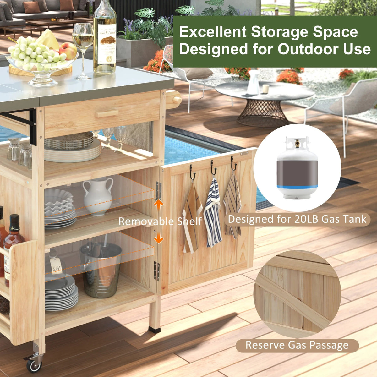 Îlot de cuisine d'extérieur en bois massif avec abattant, table pour barbecue avec plateau en acier inoxydable, chariot de bar d'extérieur et meuble de rangement avec roulettes verrouillables, tiroir, porte-épices, gris-bleu