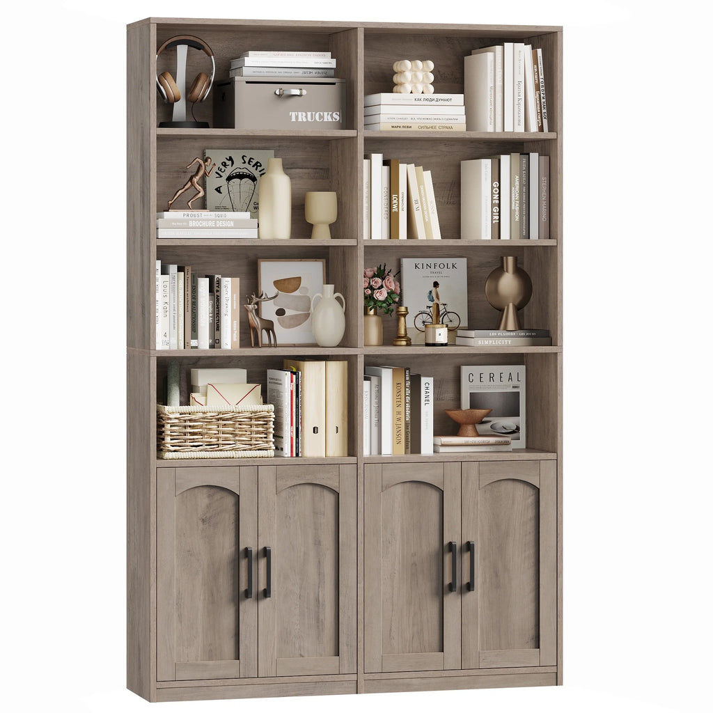 Bibliothèque haute Homfa 73 avec portes, 8 compartiments, 6 niveaux, double rangée, blanche, pour salon et bureau à domicile