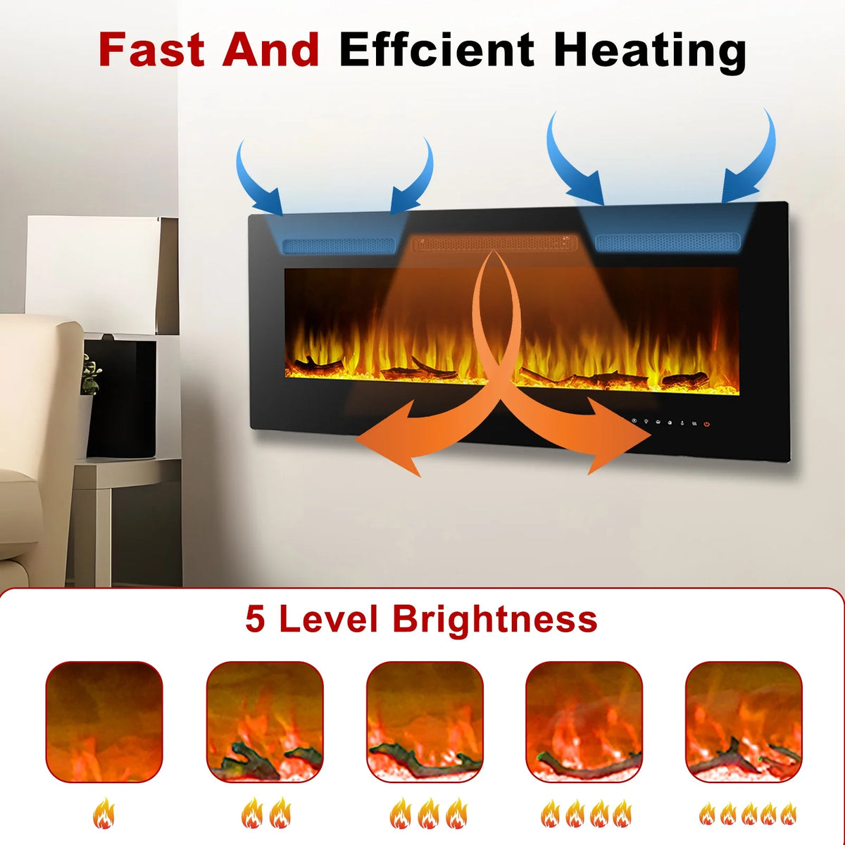 Cheminée électrique 60, cheminée encastrable ultra-fine et murale, cheminée linéaire avec minuterie, télécommande, couleur de flamme réglable, 750 w/1 500 w, noire