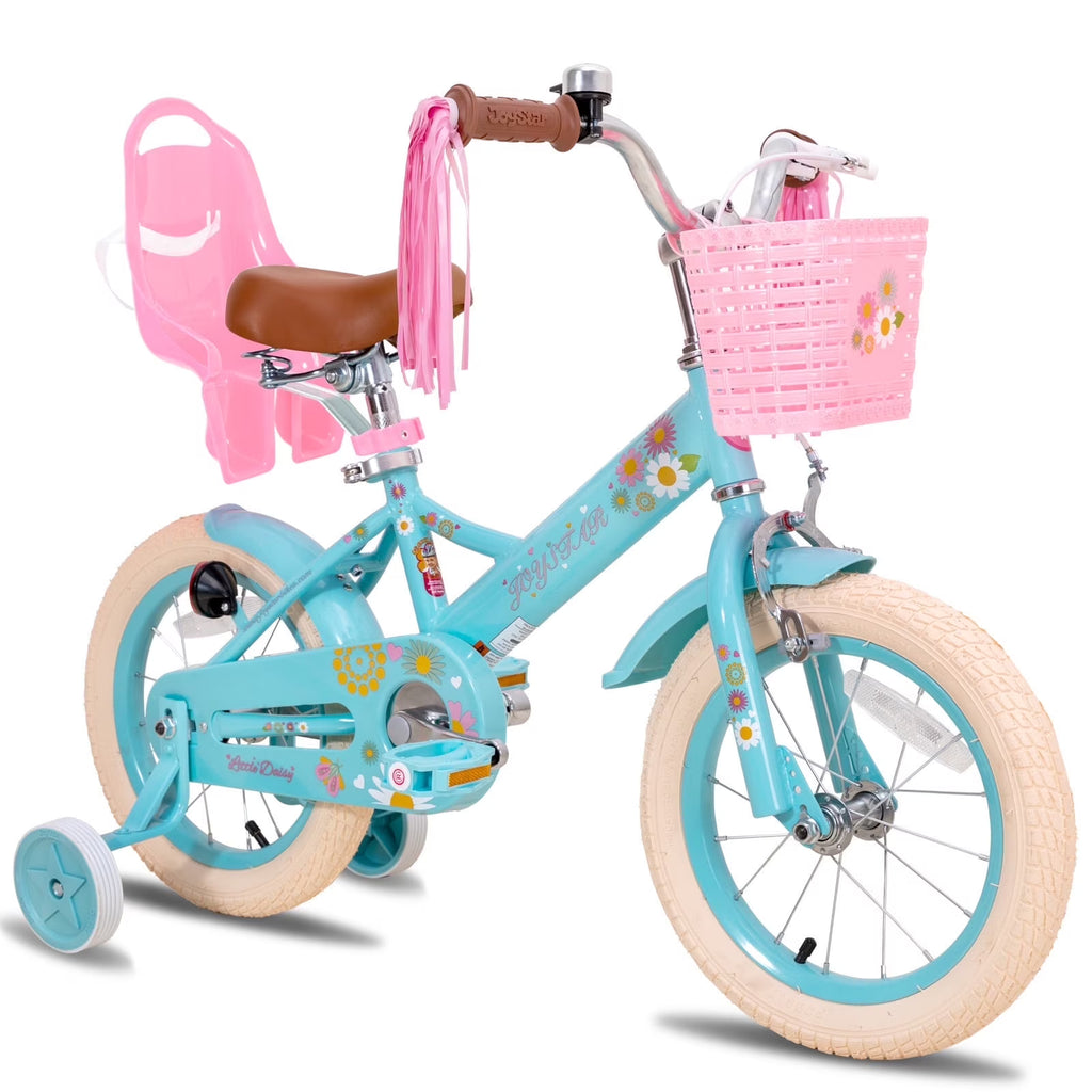JOYSTAR Little Daisy Vélo pour enfant 14 pouces pour filles de 3 4 5 ans Vélo de princesse pour enfants avec freins à main Roues stabilisatrices Panier Serpentins Vélo pour tout-petits Bleu