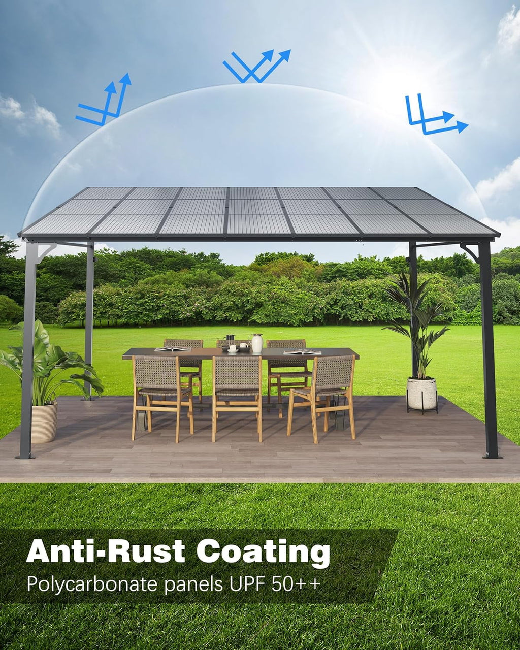 Pinypikaka Gazebo d'extérieur à toit rigide 12'x20', Pergola adossée avec toit pour pelouse, terrasse, deck, jardin, fête