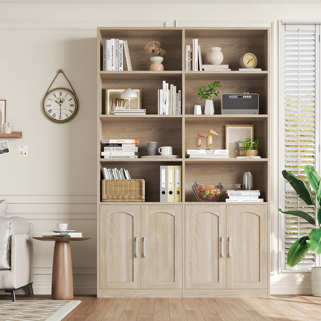 Bibliothèque haute Homfa 73 avec portes, 8 compartiments, 6 niveaux, double rangée, blanche, pour salon et bureau à domicile