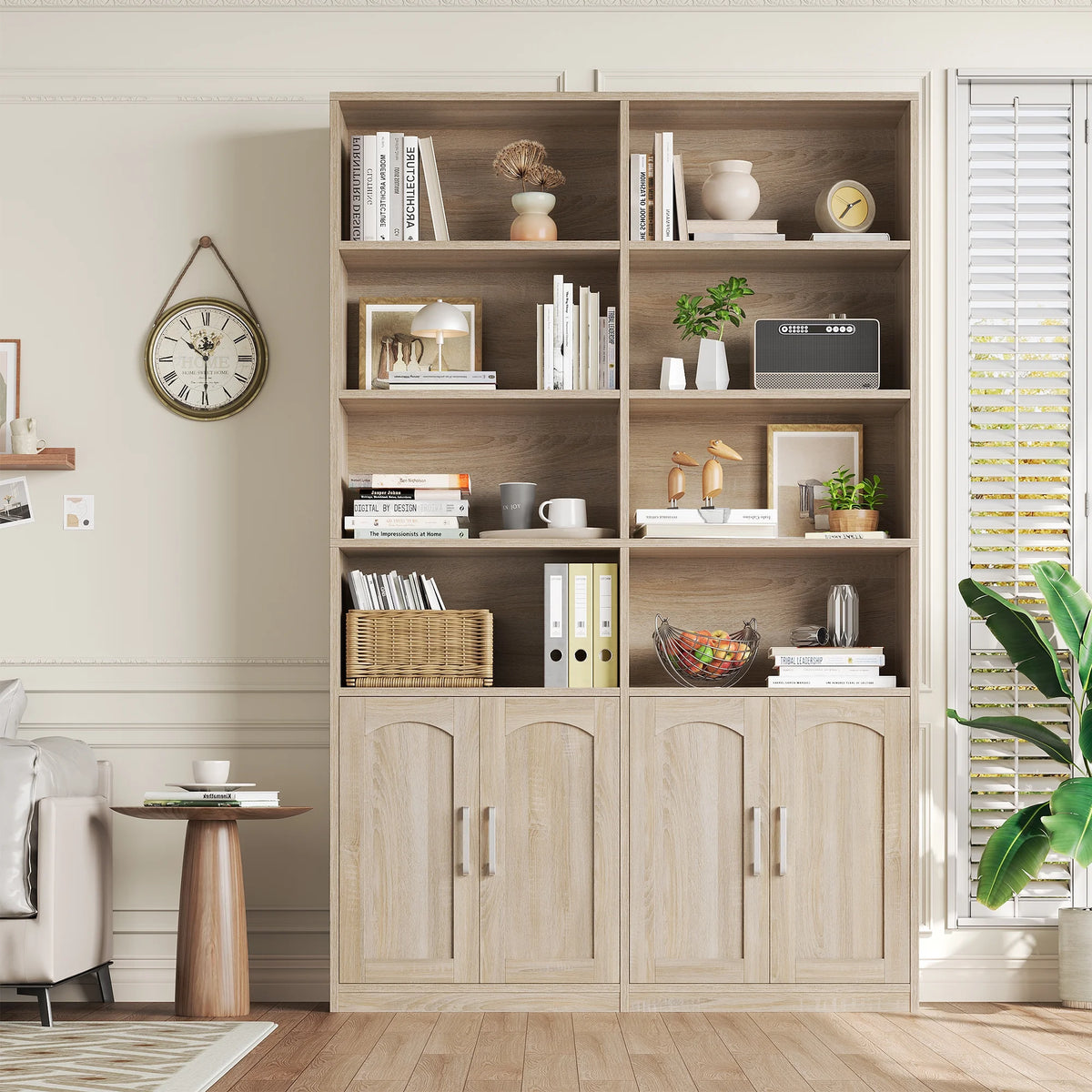 Bibliothèque haute Homfa 73 avec portes, 8 compartiments, 6 niveaux, double rangée, blanche, pour salon et bureau à domicile