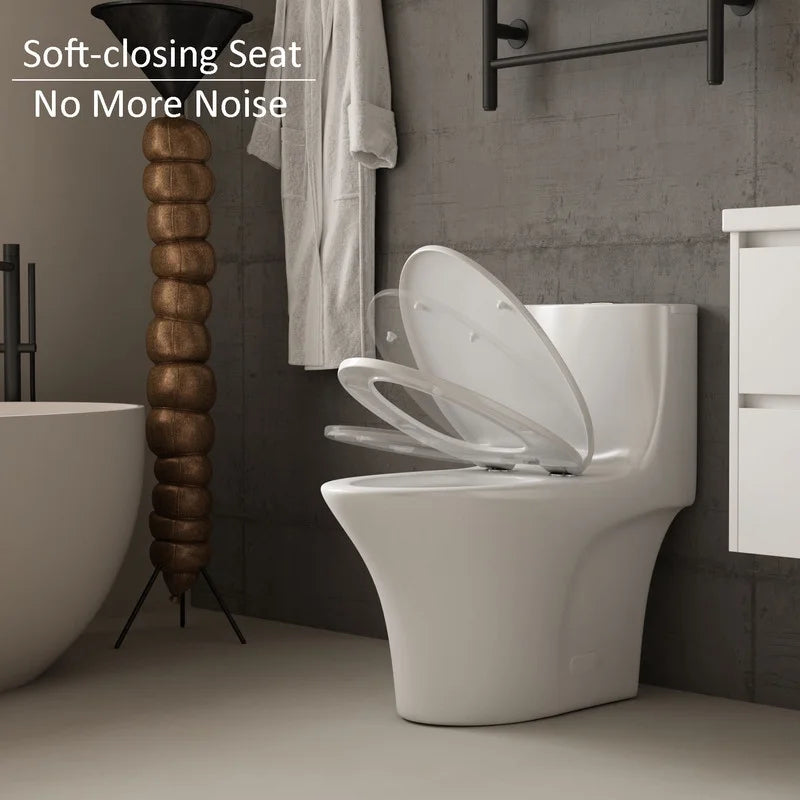 Toilettes modernes à une pièce Albriya A1878, toilettes de salle de bain standard à double chasse d’eau 1,1/1,6 GPF avec siège confortable, hauteur conforme à l’ADA, 16 1/2 po ? 12 po ? Entraxe, MaP 1000 g, blanc brillant