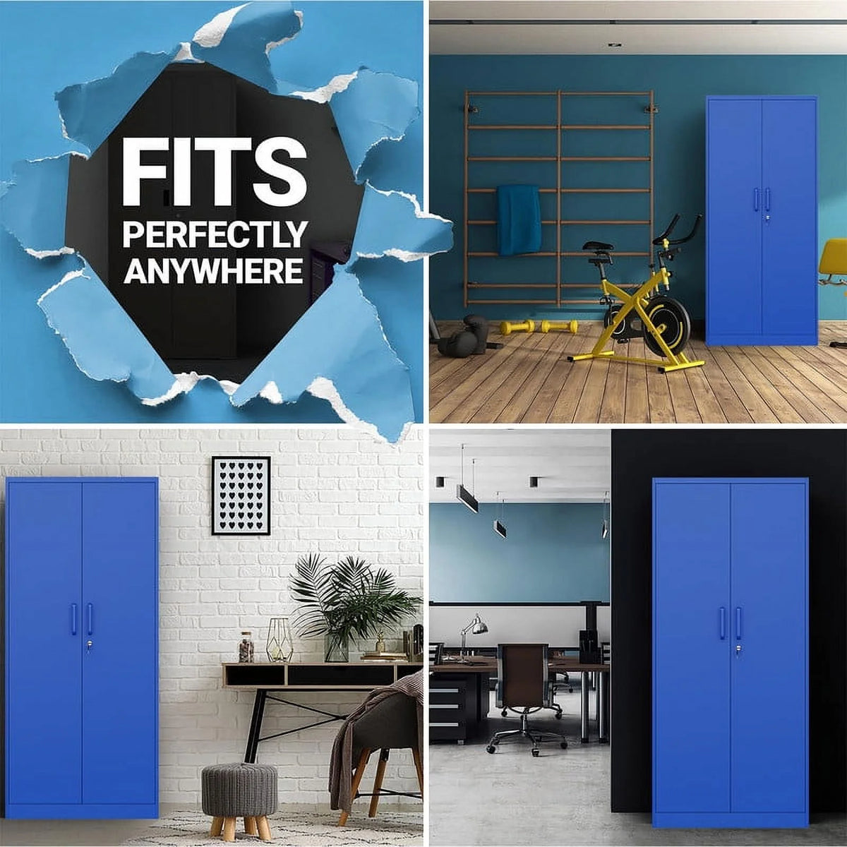 Armoire de rangement en métal Fesbos pour garage avec 2 portes et 4 étagères réglables - Classeur en acier verrouillable de 71, armoire à outils verrouillable pour bureau, maison, garage, salle de sport (Bleu)