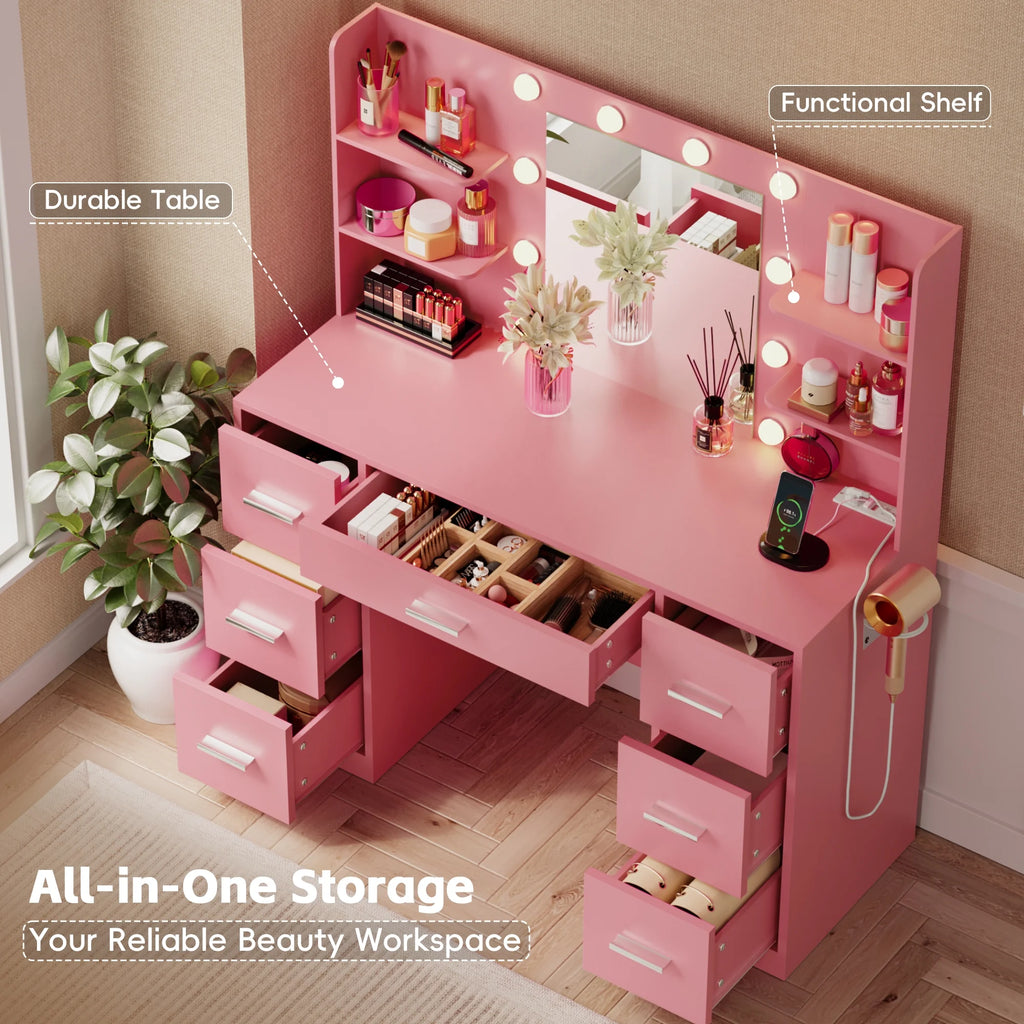 Coiffeuse Lacoo avec miroir et éclairage LED, coiffeuse de maquillage avec 7 tiroirs et 4 étagères, table de toilette avec prise électrique pour chambre ou dressing, blanc
