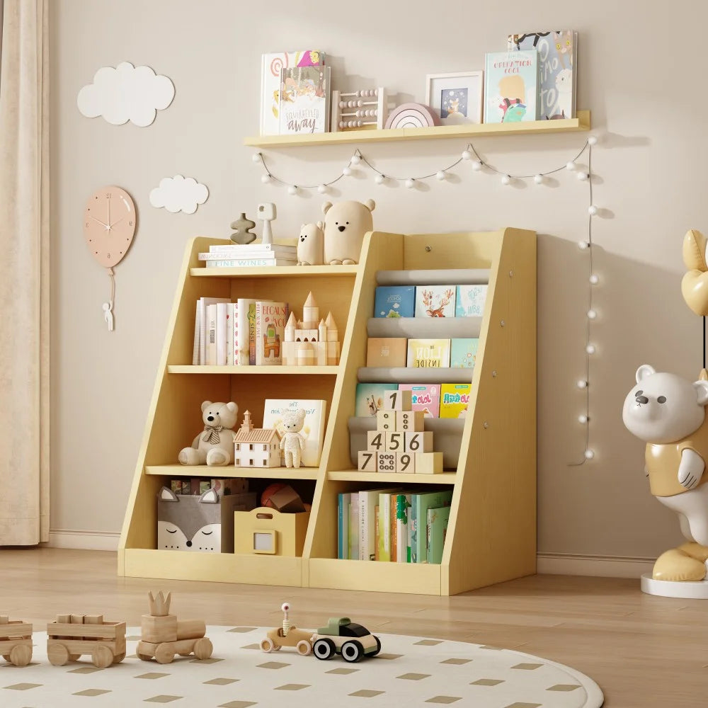 IVV Bibliothèque Montessori pour enfants, Bibliothèque moderne en bois à 4 niveaux, Étagère à livres et jouets pour enfants, Support d’étagère en tissu, Pour salle de classe, chambre, chambre de bébé ou salle de jeux (Rose)