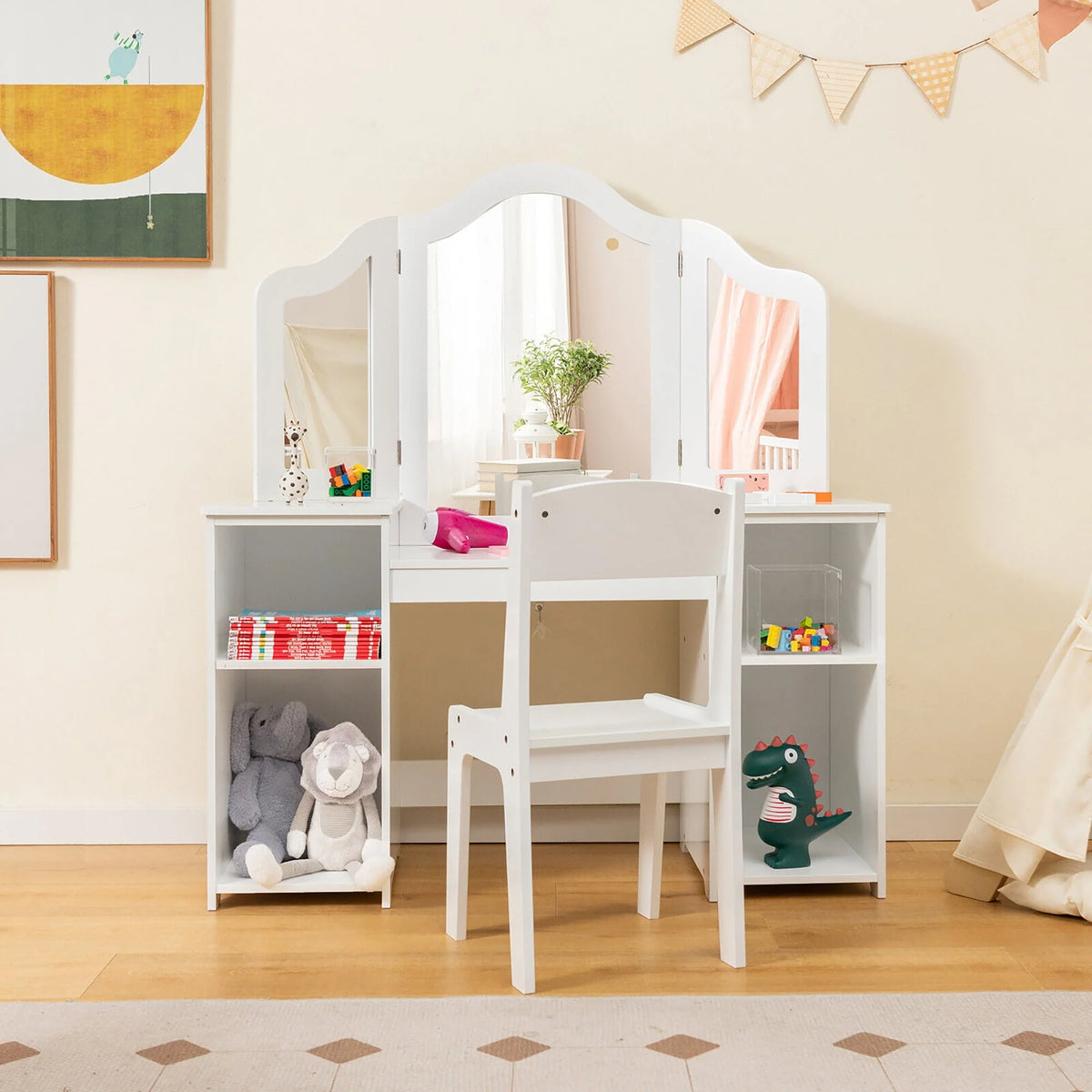 Coiffeuse pour enfant Gymax 2 en 1 Ensemble maquillage princesse avec chaise et miroir pliant sécurisé Blanc