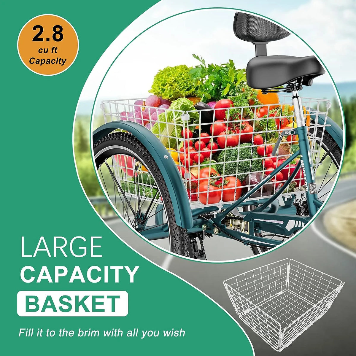Tricycles pour adultes MOONCOOL avec panier arrière et pompe à pied, vélos à 3 roues 7 vitesses de 24 et 26 pouces, vélo à trois roues pour adultes avec dossier pour seniors, femmes et hommes