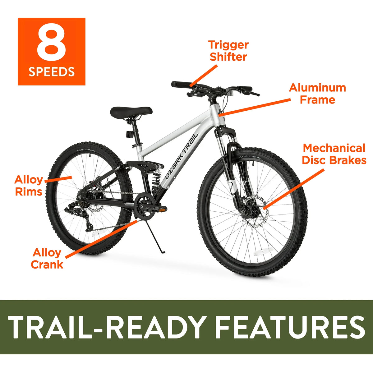 24 Ozark Trail FS.1 Epictrail Vélo tout-terrain à suspension intégrale, Pour adolescents et adultes, Tailles entre 4'6-5'6, Argent