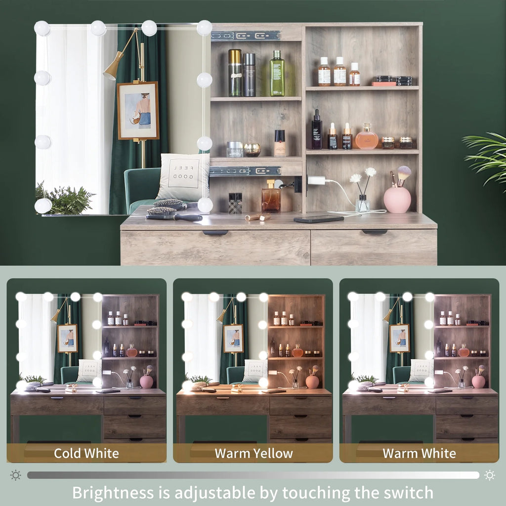 Coiffeuse Ktaxon avec miroir éclairé à 3 couleurs & station de charge, table de maquillage avec 3 étagères de rangement & tiroirs, bureau de toilette avec tabouret, gris rétro