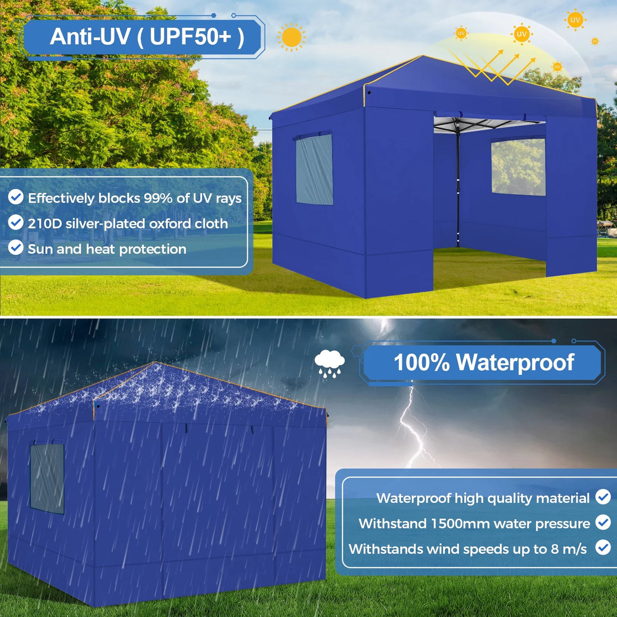 HOTEEL Chapiteau pop-up 10x10 avec murs latéraux, Tente imperméable pour fêtes et événements de mariage, Gazébo d'extérieur instantané avec sac de transport, piquets, cordes et sacs de sable, Noir