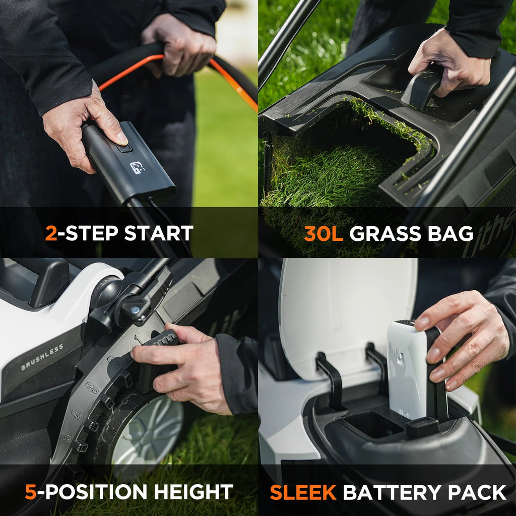 Tondeuse à gazon sans fil Litheli 13 pouces, 5 hauteurs de coupe réglables, tondeuse électrique 20 V série U20 pour jardin avec moteur sans balais, batterie portable 4,0 Ah incluse