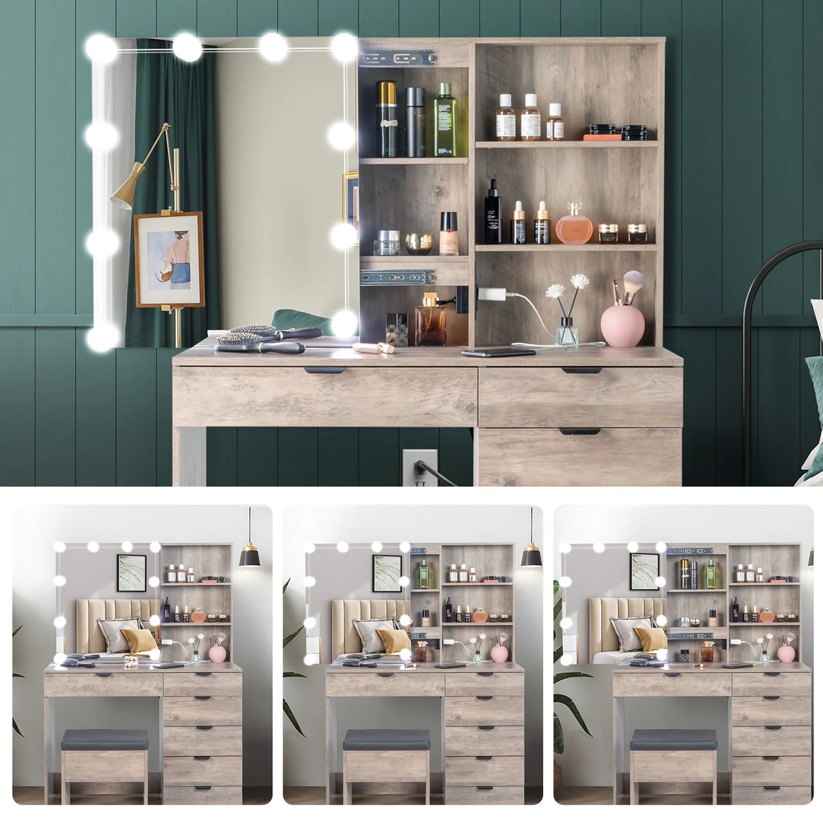 Coiffeuse Ktaxon avec miroir éclairé à 3 couleurs & station de charge, table de maquillage avec 3 étagères de rangement & tiroirs, bureau de toilette avec tabouret, gris rétro
