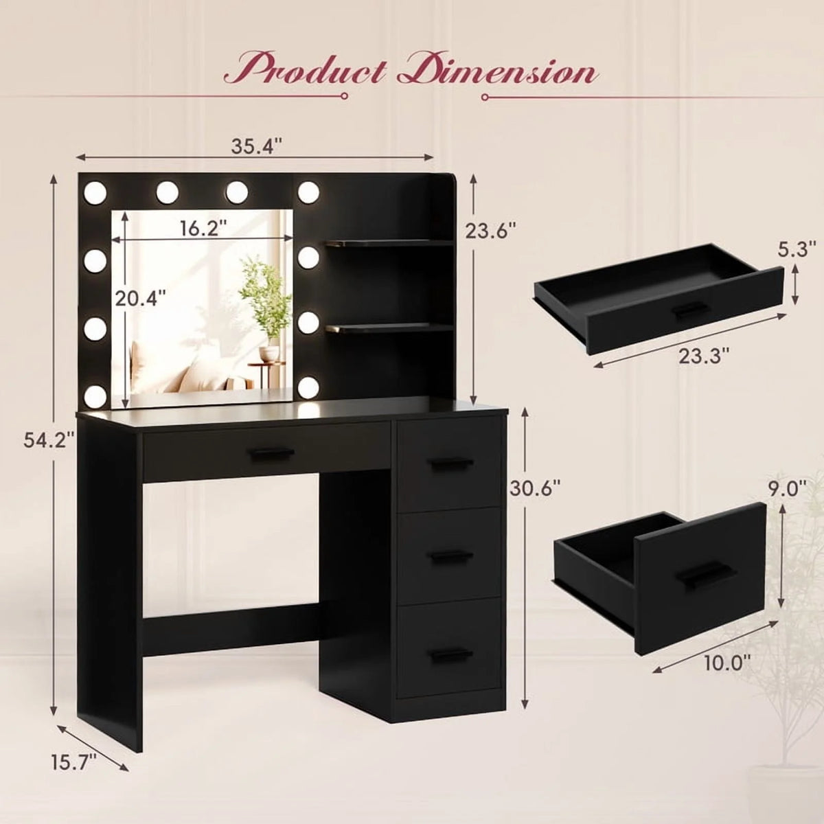 Coiffeuse Lacoo avec miroir et éclairage LED, coiffeuse de maquillage avec 7 tiroirs et 4 étagères, table de toilette avec prise électrique pour chambre ou dressing, blanc