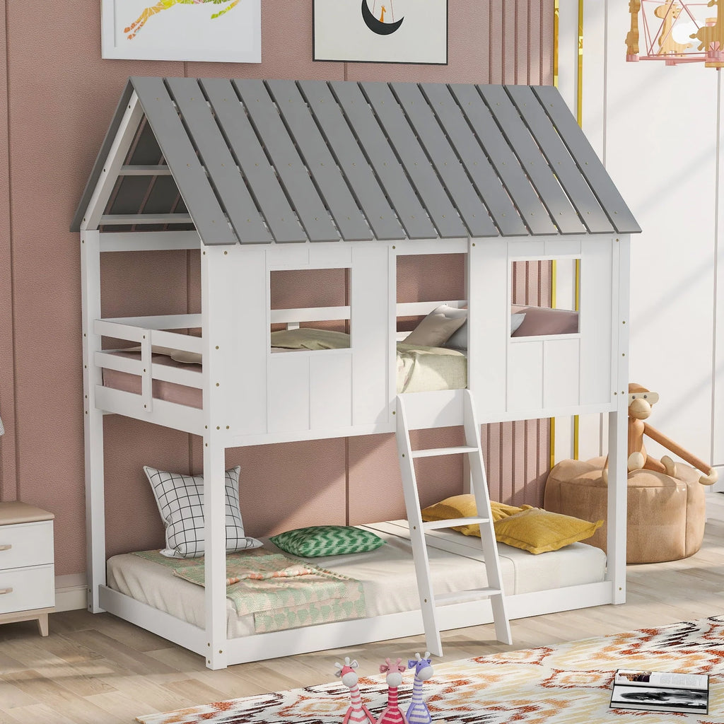 Lit superposé bas Euroco avec deux lits simples, toit et barrière de sécurité pour chambre d’enfant, blanc