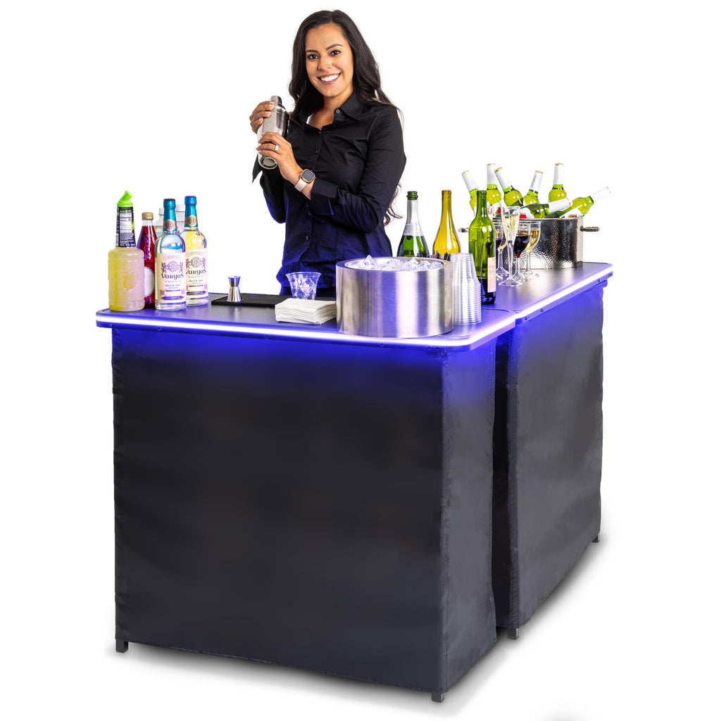 Ensemble de table de bar double portable GoBar avec éclairage LED multicolore - Station mobile de barman pour événements - Valise de transport incluse