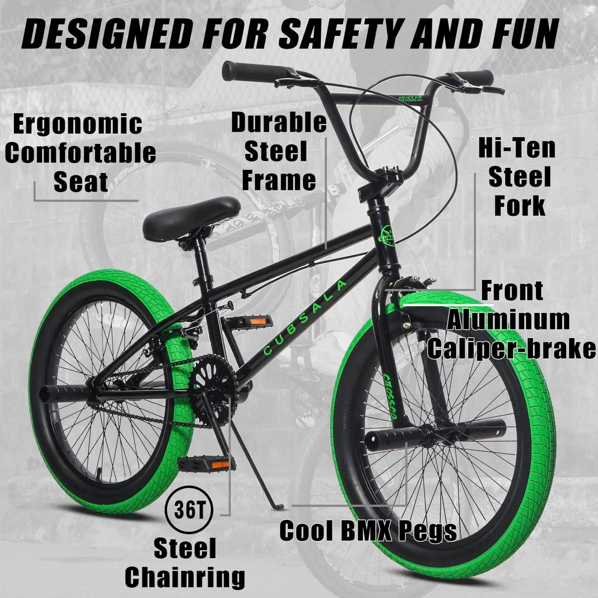 cubsala 20 Vélo BMX Freestyle pour enfants de 6 à 14 ans, garçons et filles, avec 4 cales, noir avec pneus rouges