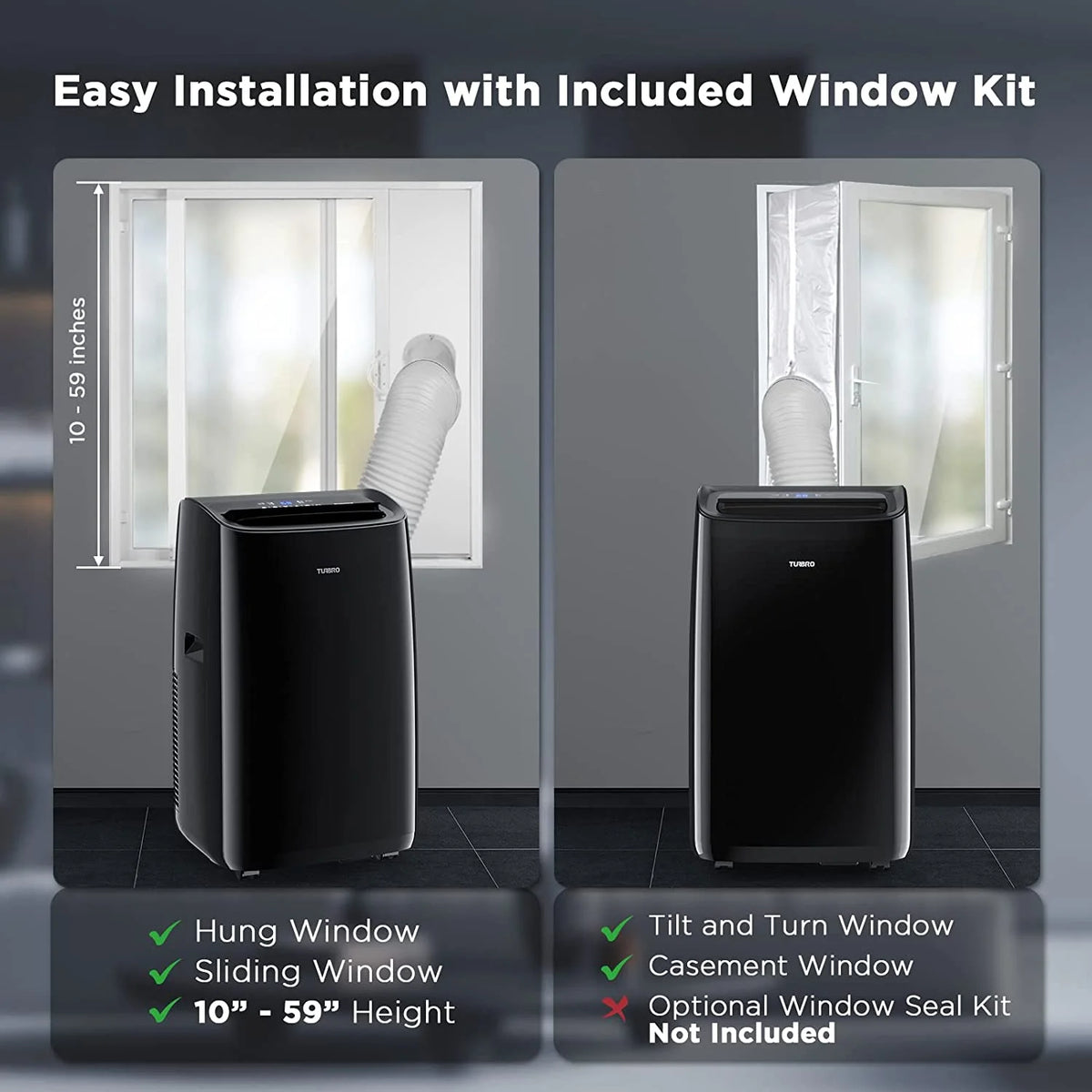 Climatiseur portable intelligent Wi-Fi TURBRO 14 000 BTU, refroidissement puissant jusqu’à 600 pi², 3 fonctions en 1 avec télécommande rétroéclairée, compatible avec la commande vocale Alexa, installation facile, série Greenland, noir