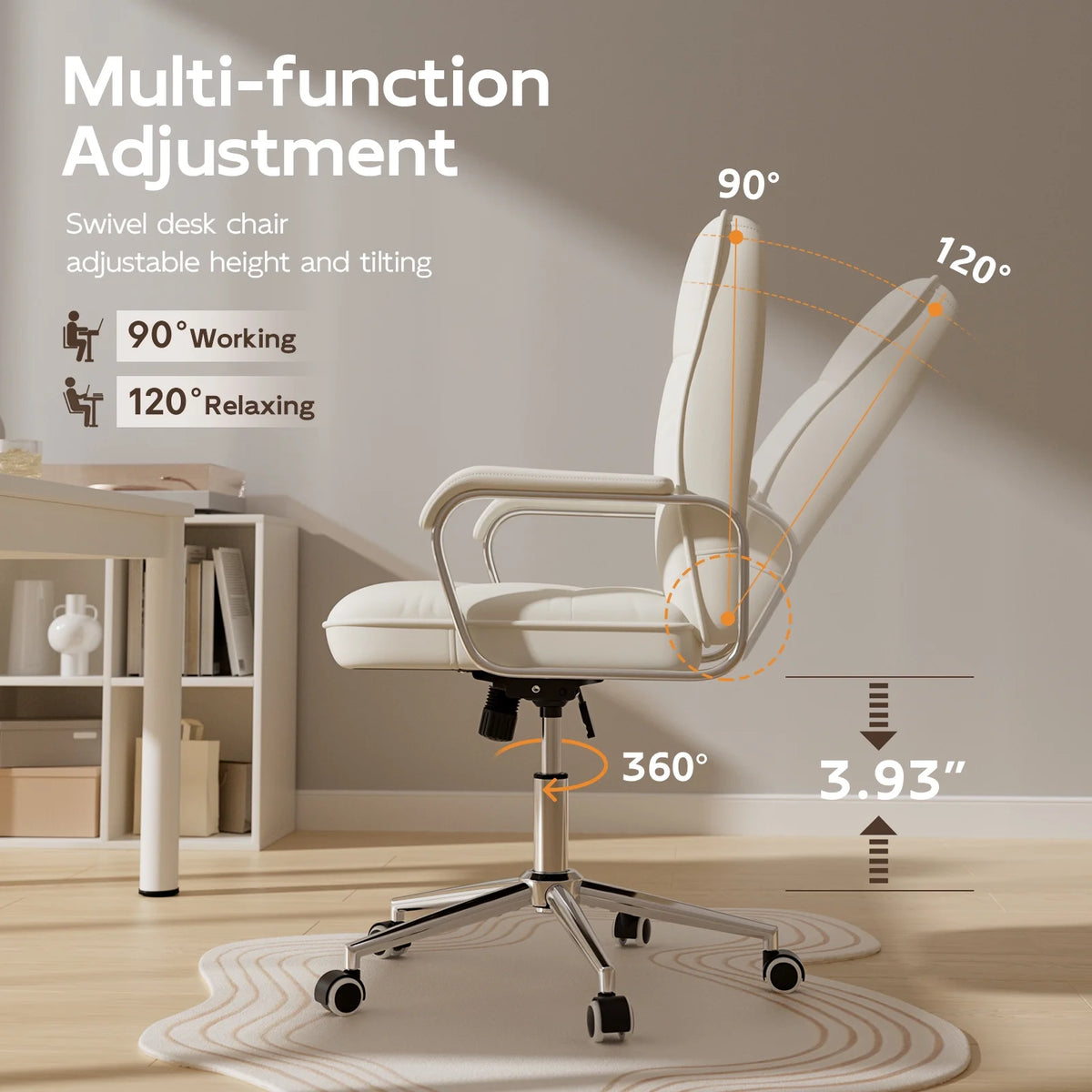 Chaise de bureau Solfway blanche, fauteuil de bureau pivotant en cuir avec roulettes et accoudoirs rembourrés, fauteuil de direction pour adultes