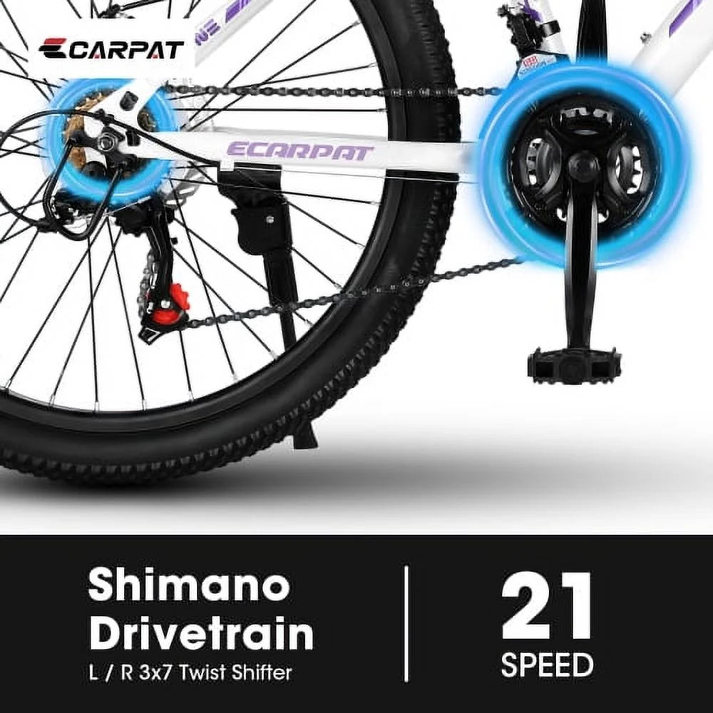 POWANLI 26 Vélo tout-terrain pour femme, Vélo de montagne 21 vitesses avec freins à disque doubles et suspension avant de 100 mm, Rose (Cadeau)