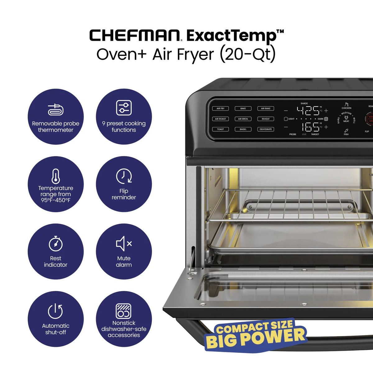 Four combiné friteuse à air Chefman 12-en-1 avec thermomètre à sonde, capacité de 20 pintes, acier inoxydable noir