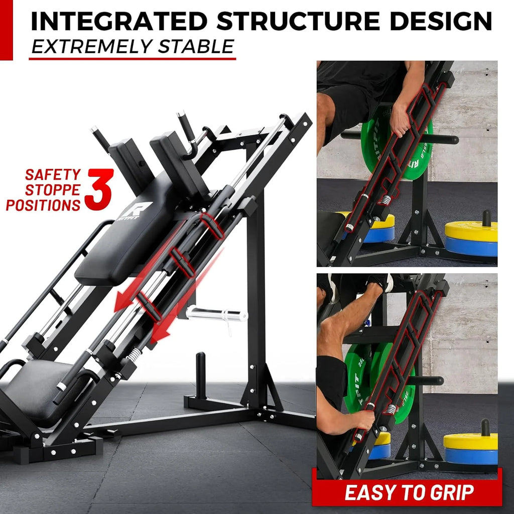 Machine à presse à jambes et hack squat RitFit, Presse à jambes professionnelle réglable pour salle de sport à domicile avec roulement linéaire, Machine hack squat spécialisée pour un entraînement complet du bas du corps avec rangement de poids, Rose