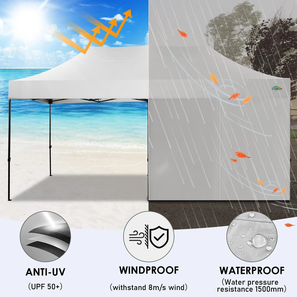 COBIZI 10'x20' Chapiteau Tente Pop-up Facile Anti-UV Imperméable Tente d'extérieur Abri instantané pour fêtes et mariages Tente-pavillon toutes saisons avec 6 parois latérales amovibles, 4 sacs de sable, sac de transport à roulettes, Blanc