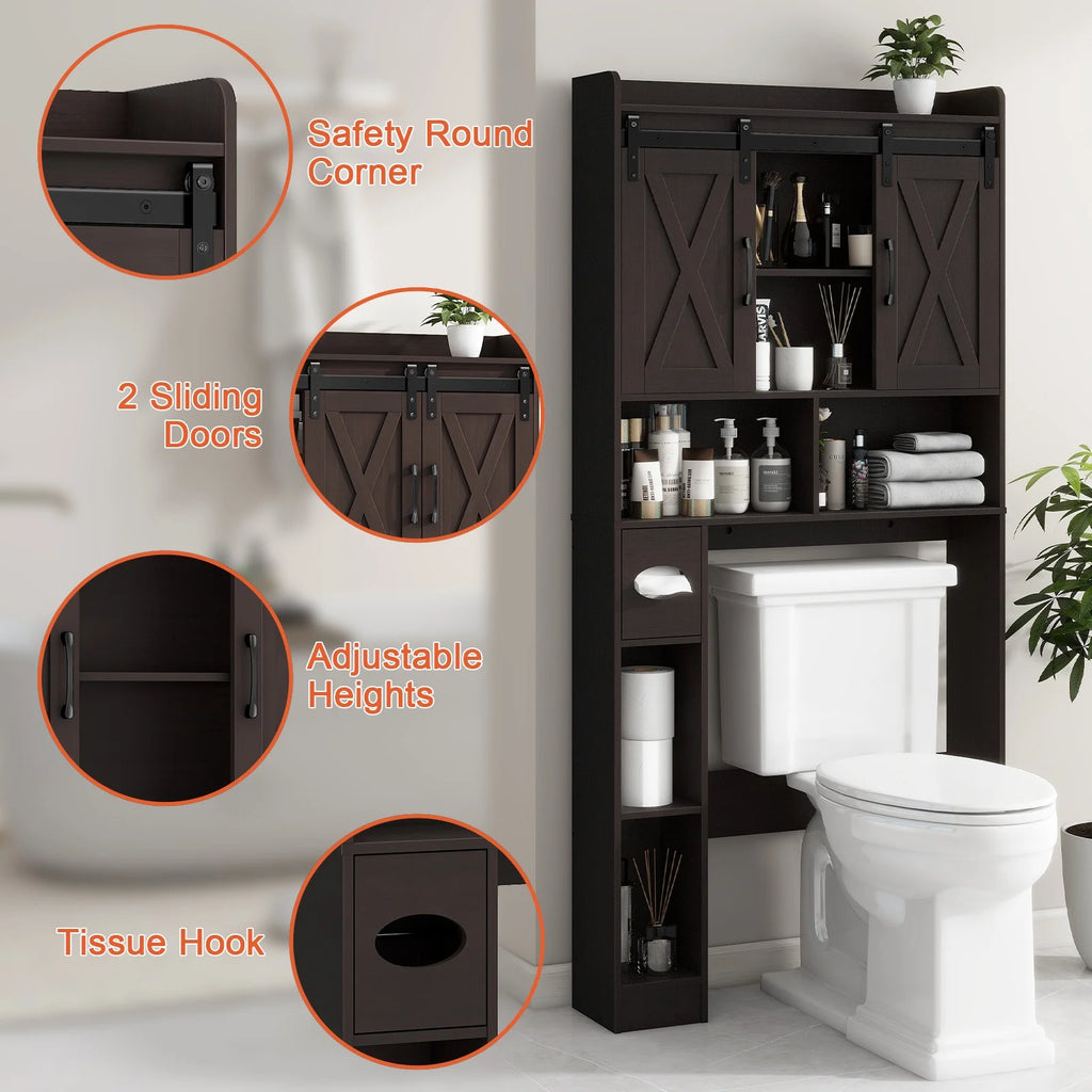 Meuble de rangement au-dessus des toilettes, meuble de rangement de style maisonnette au-dessus des toilettes avec portes coulissantesÉtagère de rangement gain de place pour toilettes, pour salle de bains, toilettes, buanderie