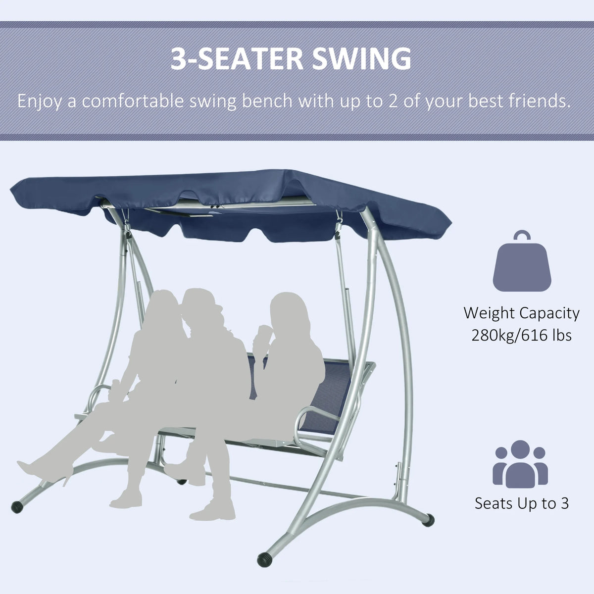 Balancelle de jardin Outsunny pour 3 personnes, balancelle de terrasse avec support et auvent réglable, banc-balancelle d'extérieur robuste pour adultes, noir
