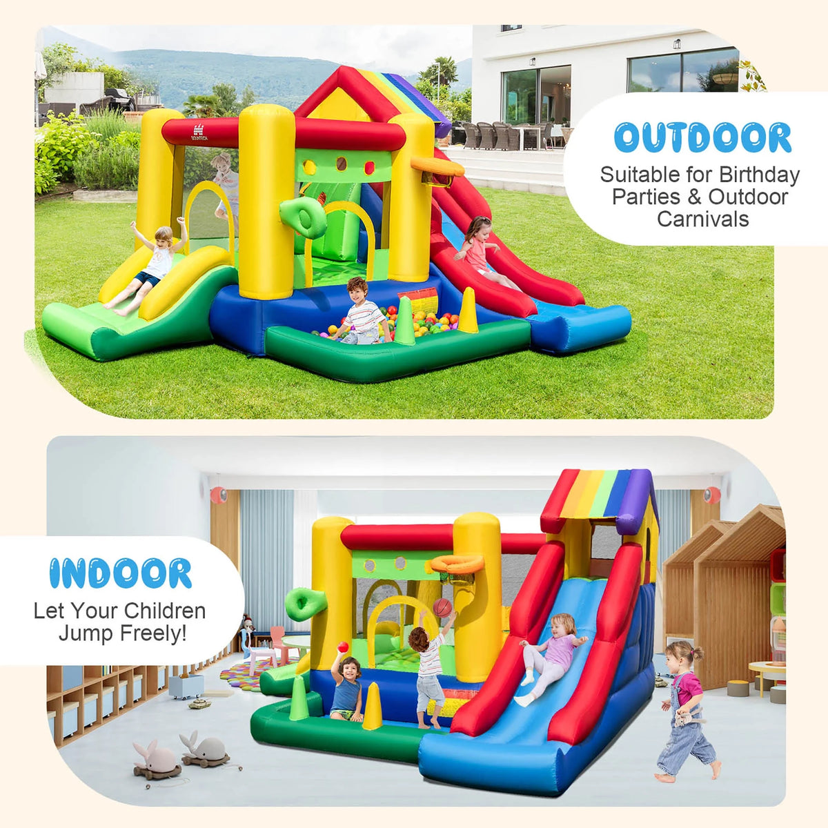 Château gonflable arc-en-ciel Costway pour enfants avec 50 balles et souffleur 735W