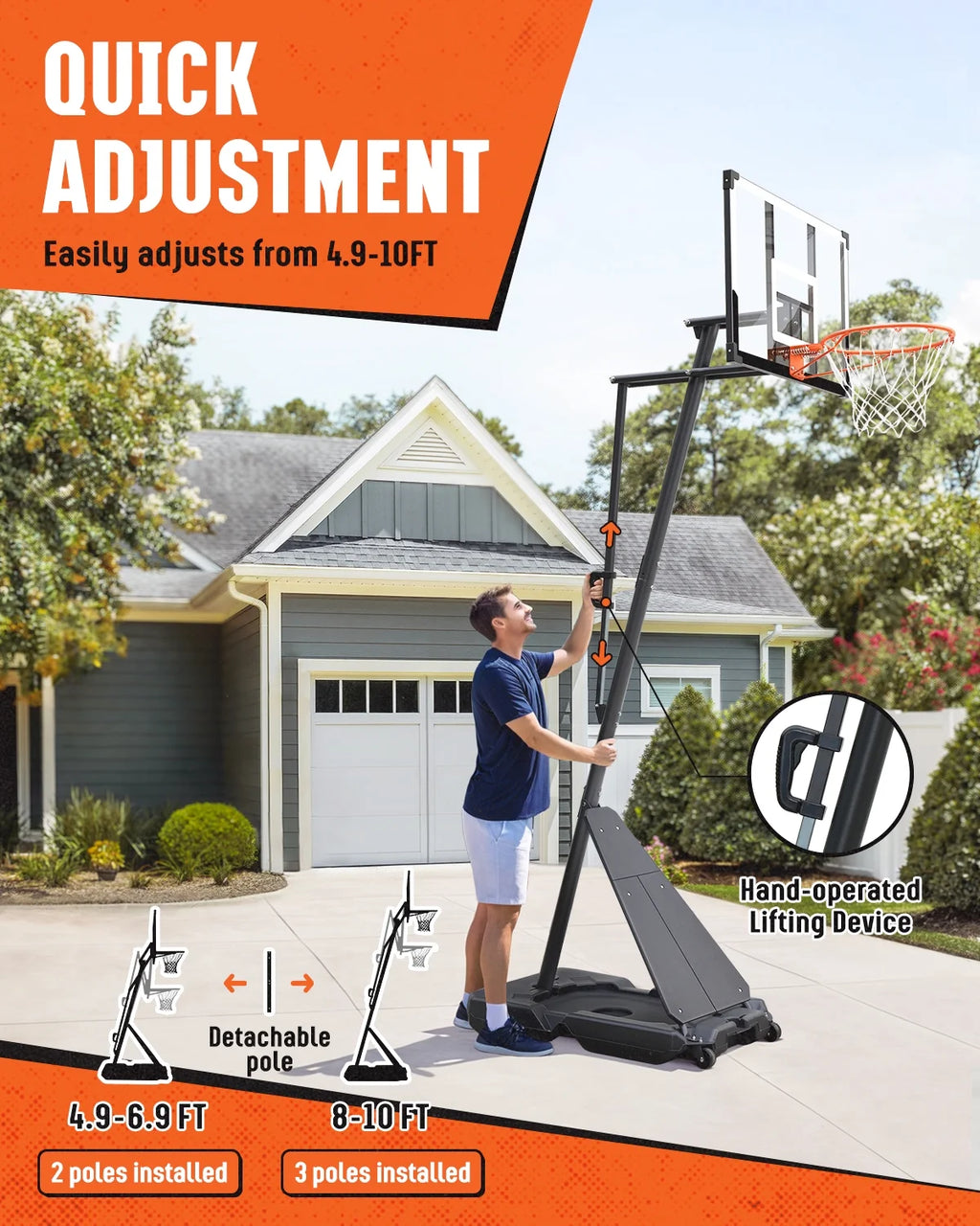 Panier de basketball Seray réglable en hauteur de 4,8 à 10 pieds pour enfants/adultes, panier de basketball portable avec panneau de 44 pouces et 2 roues pour sports en extérieur/intérieur