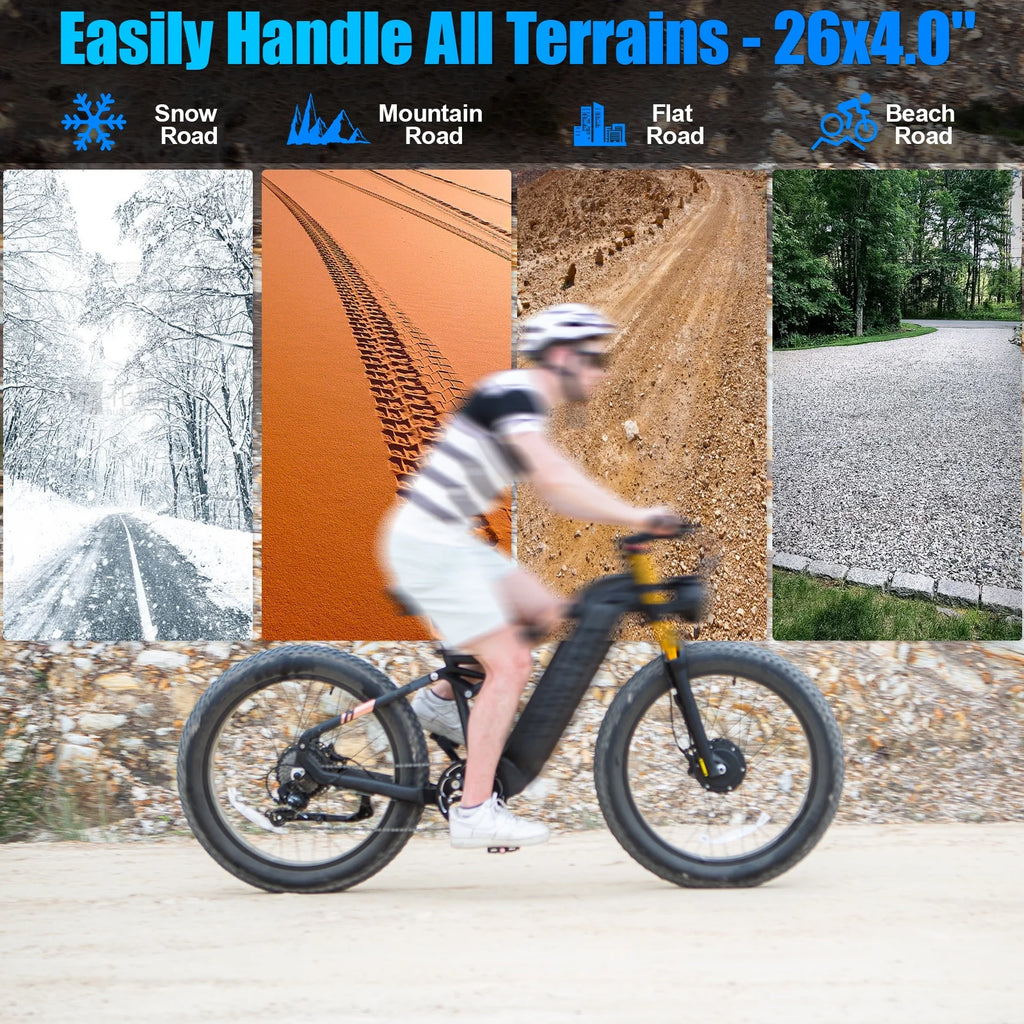 Dual Motors AWD 2000W Electric Bike for Adult 26'', UL2849 48V 60AH Removable Battery E-mountain bike 4'' Fat Tire up to 35MPH&200Miles Long Range Off Road Ebike Beach Dual Hydraulic&Brakes E-Bicycle