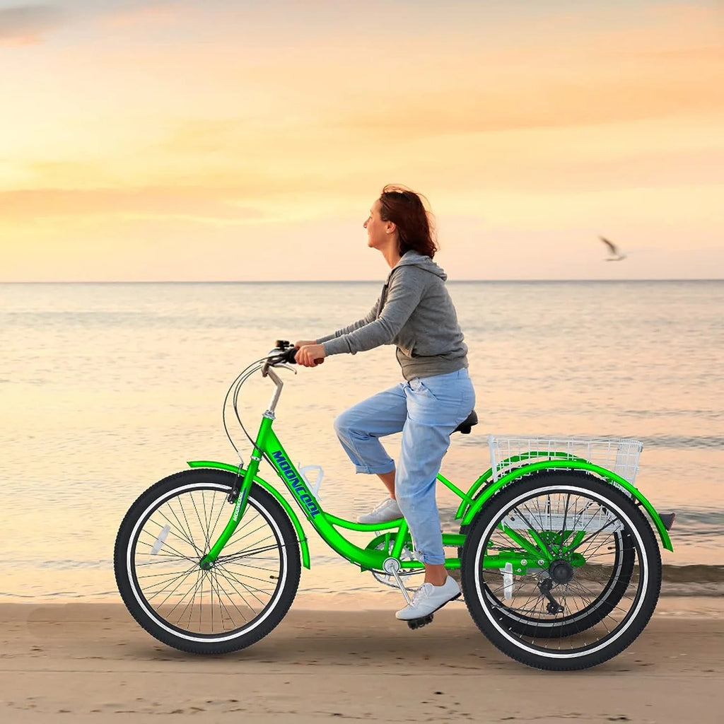 Tricycles pour adultes MOONCOOL avec panier arrière et pompe à pied, vélos à 3 roues 7 vitesses de 24 et 26 pouces, vélo à trois roues pour adultes avec dossier pour seniors, femmes et hommes