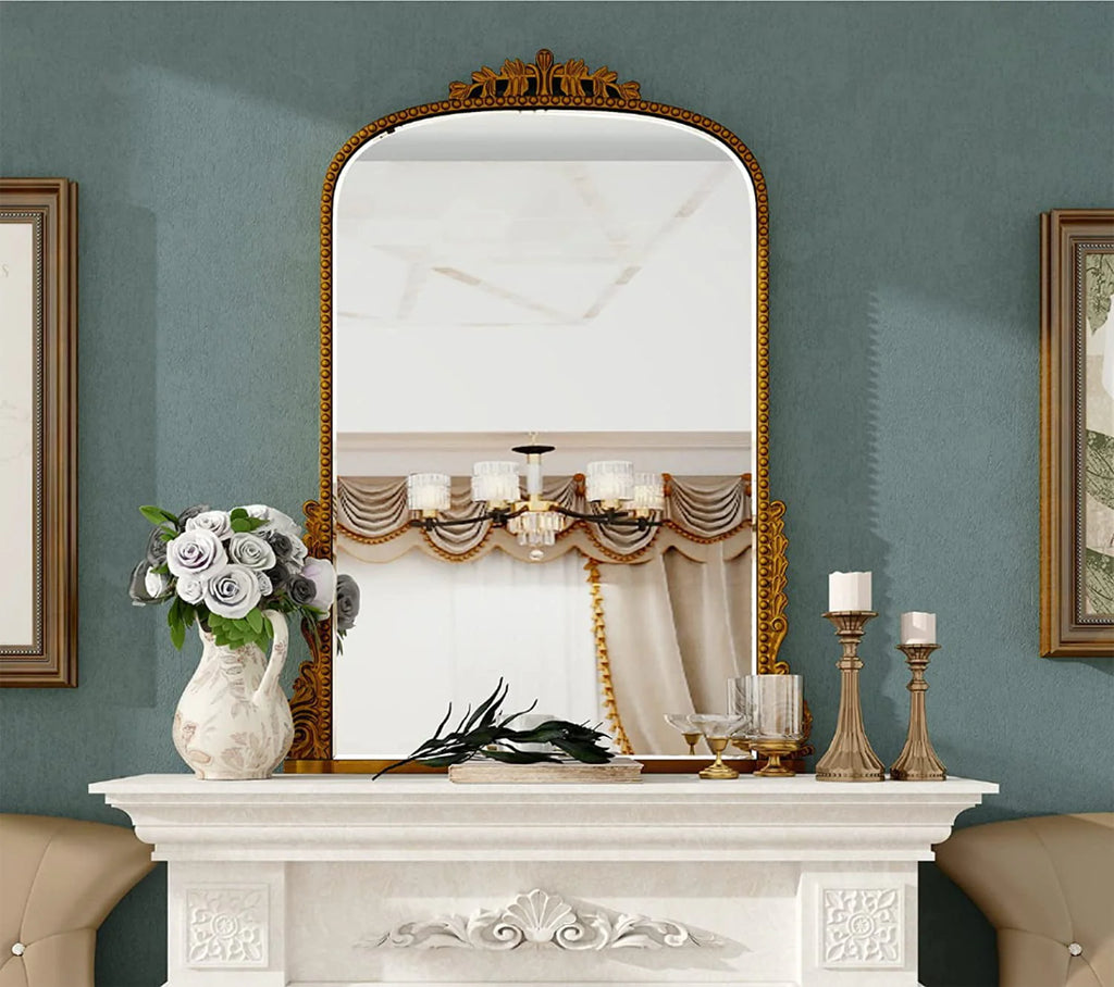 Miroir mural arqué baroque traditionnel, finition or antique, décoration murale pour salon et maison, 31,5 x 23,6 po