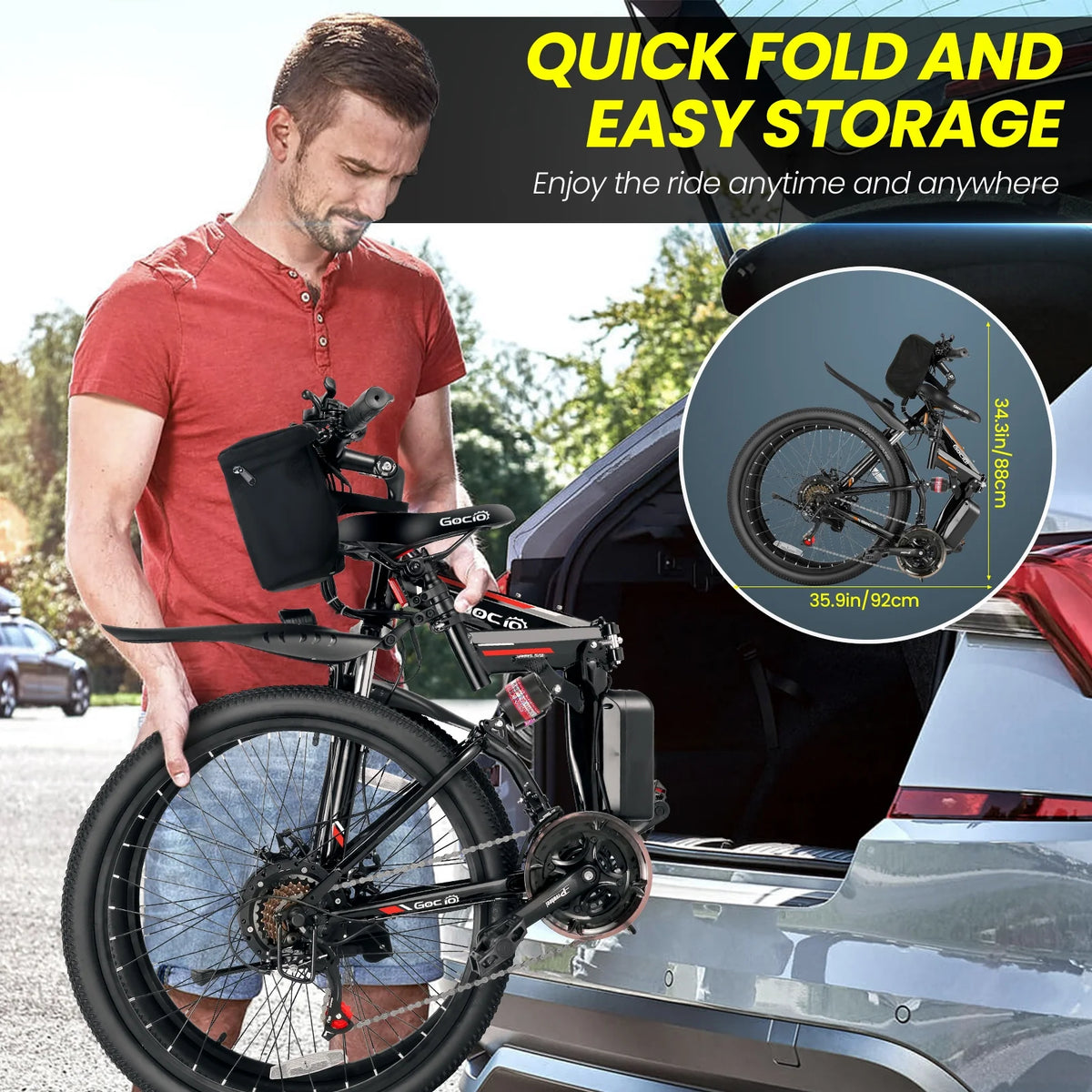 Vélo électrique pliant Gocio 26 pour adultes, VTT électrique 500W, Double amortisseur, Batterie 48V 7,8Ah, Shimano 21 vitesses, UL2849
