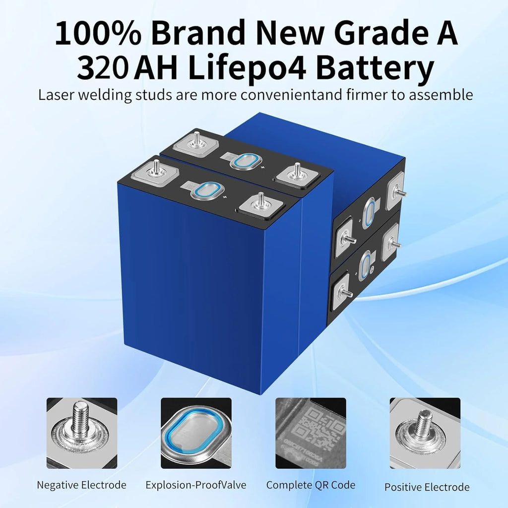 Lot de 4 batteries LiFePO4 de qualité A, 280 Ah, 3,2 V, rechargeables, à décharge profonde, avec écrous et barres omnibus, 8 000 à 10 000 cycles de vie, batteries de remplacement pour systèmes solaires, voitures et camping-cars