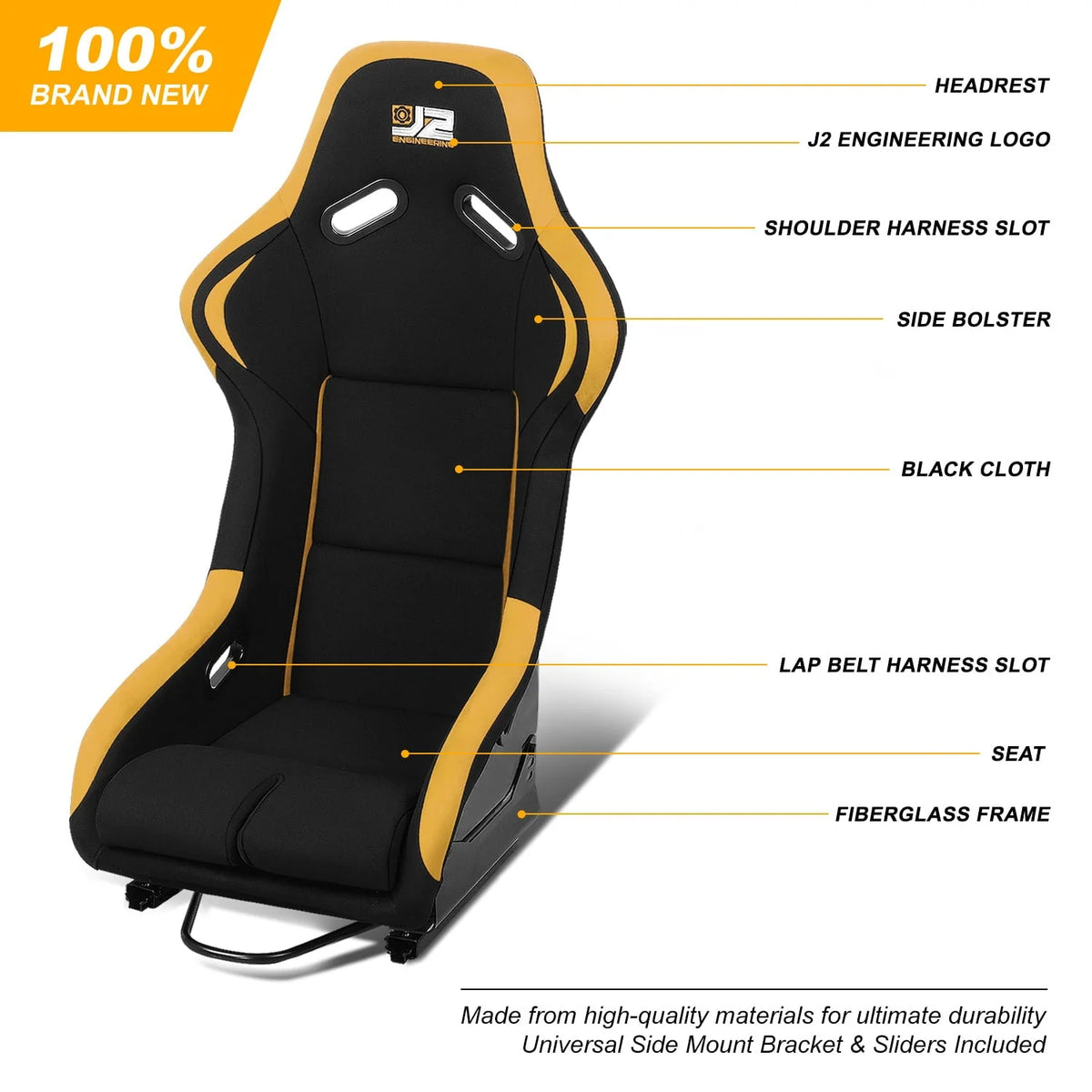 Paire de sièges baquets de course universels J2 Engineering, noirs et jaunes, en fibre de verre, design ergonomique avec supports de montage latéraux
