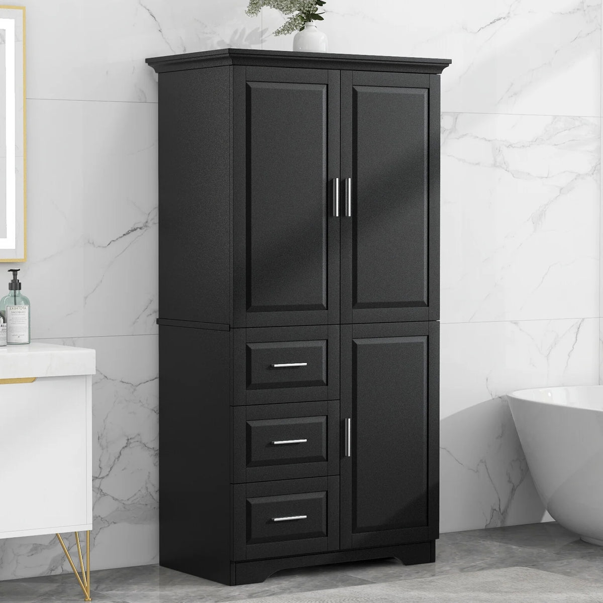 Armoire de salle de bain, meuble de rangement de 62,2 de haut avec portes et étagères, armoire à linge sur pied pour salle de bain, cuisine, salon, grise