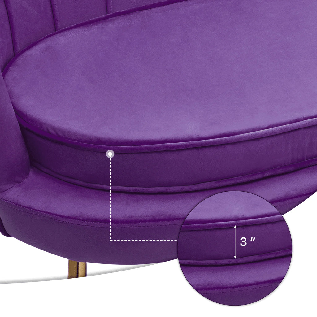 Canapé 2 places contemporain MoNiBloom en velours avec pieds en métal finition dorée, avec deux coussins pour salon, chambre, bureau à domicile, violet