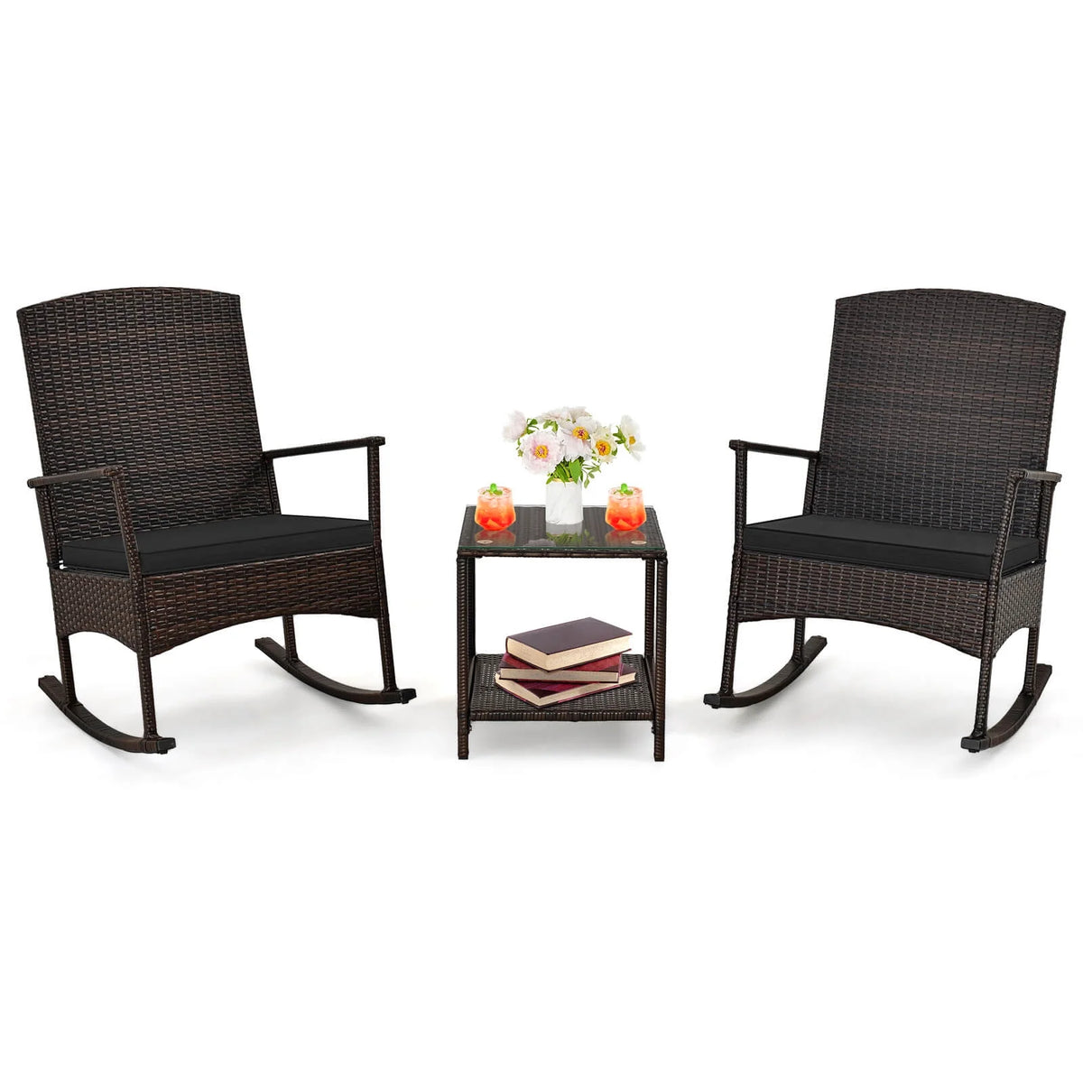 Costway Serenity Ensemble de patio 3 pièces avec fauteuils à bascule en résine tressée, coussins blancs et table basse à 2 niveaux