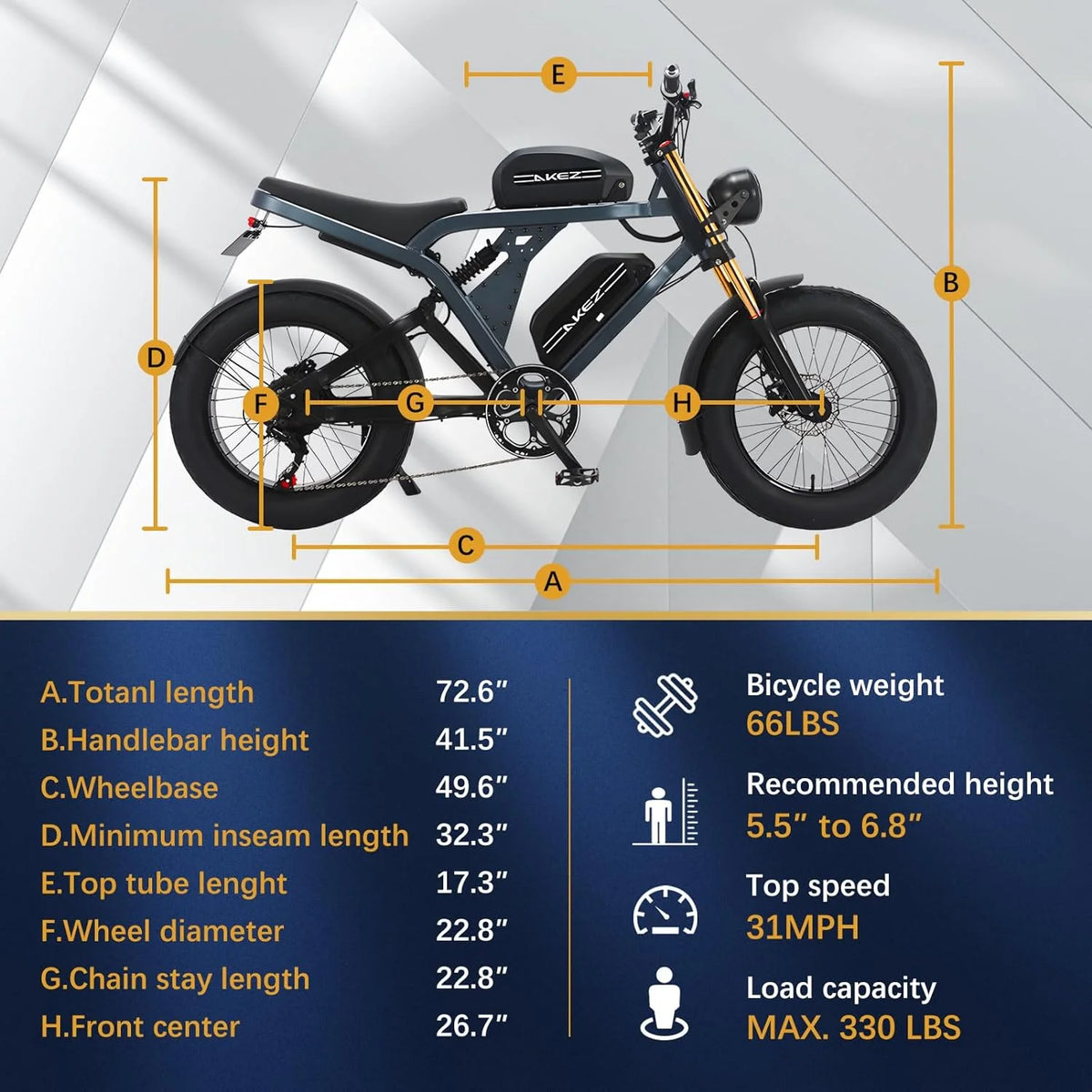 Vélo électrique AKEZ Kingkong 3000 W Peak 1500 W, moto tout-terrain électrique 31 mi/h pour adultes, VTT électrique 48 V 41 A avec double batterie amovible, pneus larges de 20 pouces, 7 vitesses, freins hydrauliques