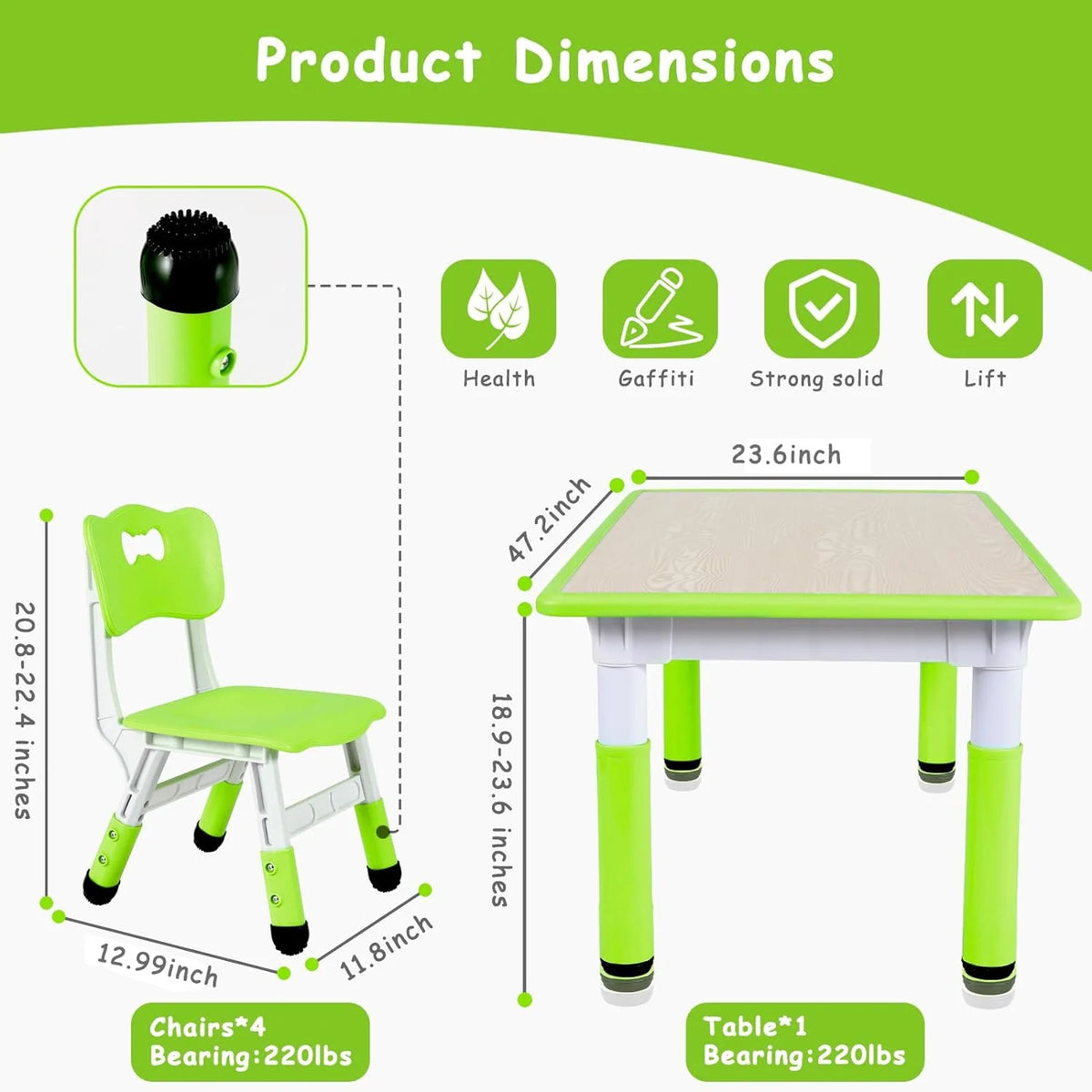 Ensemble table et 4 chaises pour enfants LAZY BUDDY, bureau réglable en hauteur pour tout-petits avec plateau graffiti, ensemble de table d’activités pour enfants pour crèche et maison