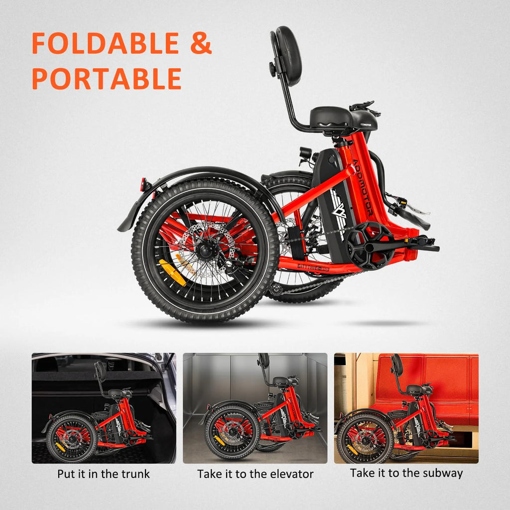 Tricycle électrique pliant Addmotor, tricycle électrique 90 mi pour adultes, 750 W 48 V 20 Ah, vélos électriques à 3 roues CITYTRI, tricycle à cadre ouvert avec différentiel de vitesse arrière et frein de stationnement, E-310 Plus rouge