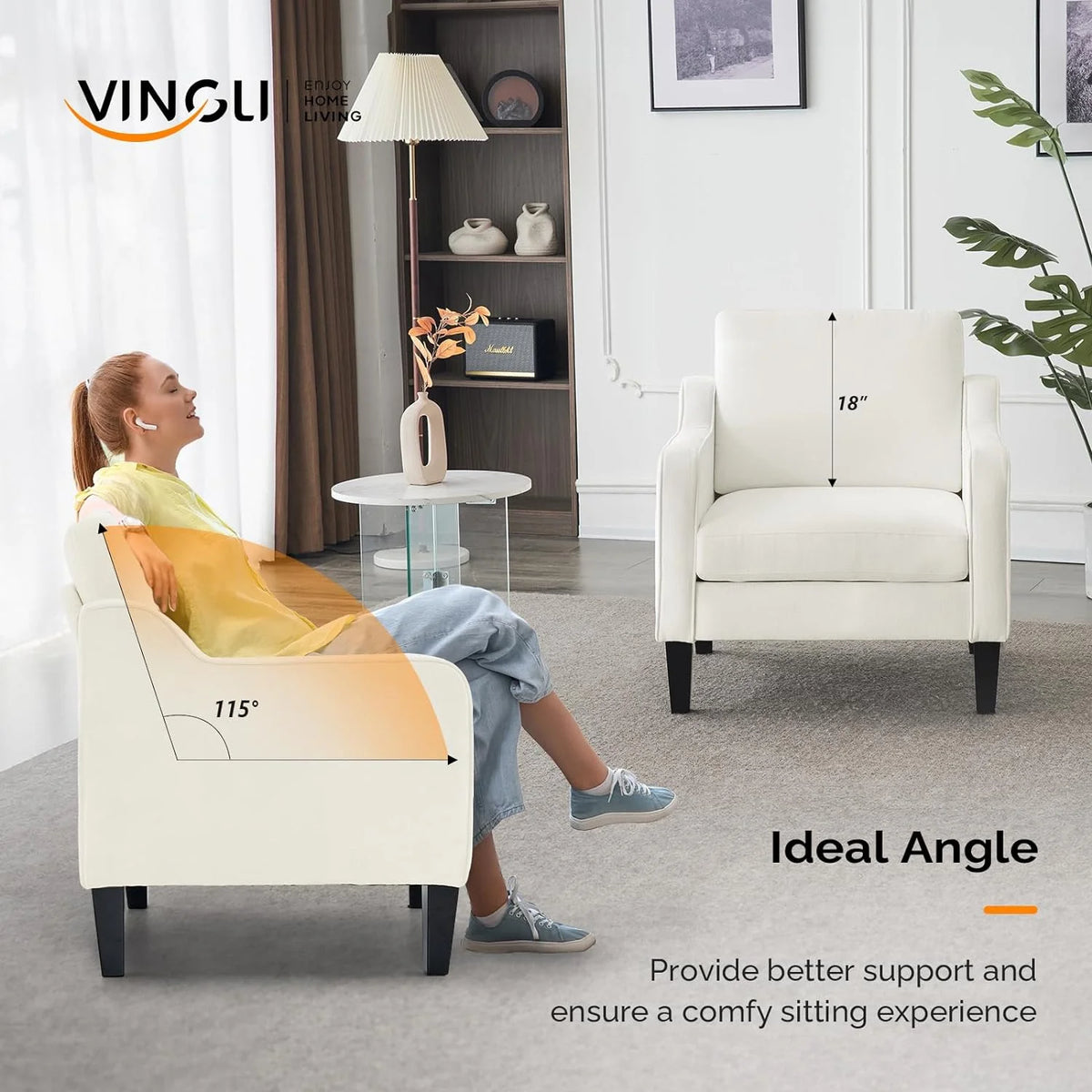 Fauteuil confortable en chenille VINGLI Mid-Century Modern, Blanc crème