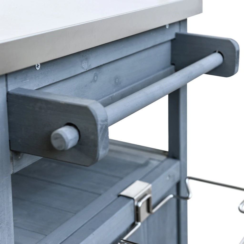 Îlot de cuisine d'extérieur en bois massif avec abattant, table pour barbecue avec plateau en acier inoxydable, chariot de bar d'extérieur et meuble de rangement avec roulettes verrouillables, tiroir, porte-épices, gris-bleu