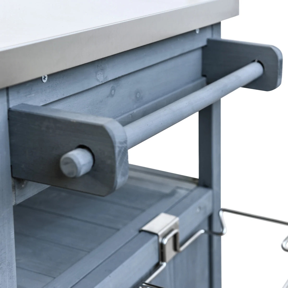 Îlot de cuisine d'extérieur en bois massif avec abattant, table pour barbecue avec plateau en acier inoxydable, chariot de bar d'extérieur et meuble de rangement avec roulettes verrouillables, tiroir, porte-épices, gris-bleu